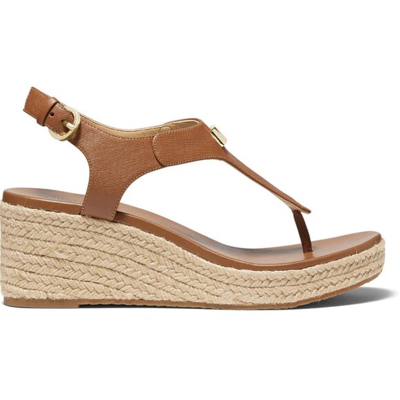 Michael Kors Laney Thong Saffiano Leather Espadrille Sandals Wedges in Luggage - Picture 2 of 7